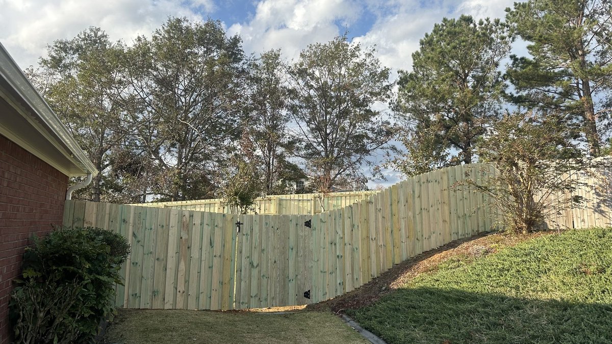 New light-colored wood privacy fence with gate at a residential property