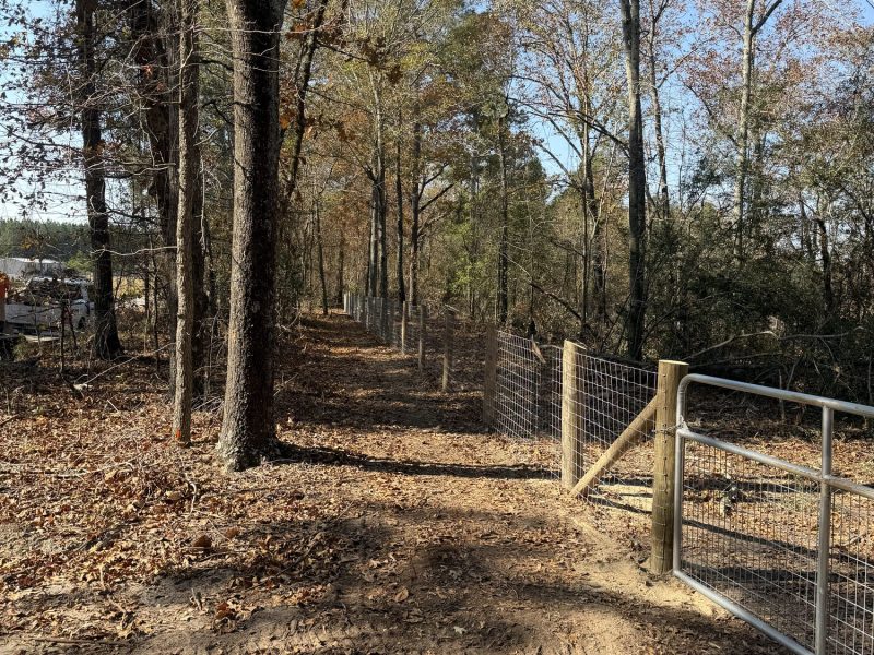 Newly installed farm gate with wire mesh fencing and wooden posts on rural woodland property in the CSRA.