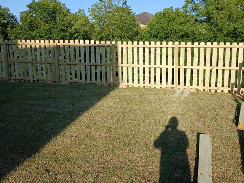 White picket fence enclosing residential backyard with mature trees and house in background.